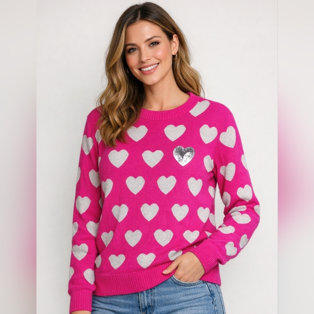Justice Pink Heart Cotton Blend Sweater Sequin Accent Valentine Sweater XS